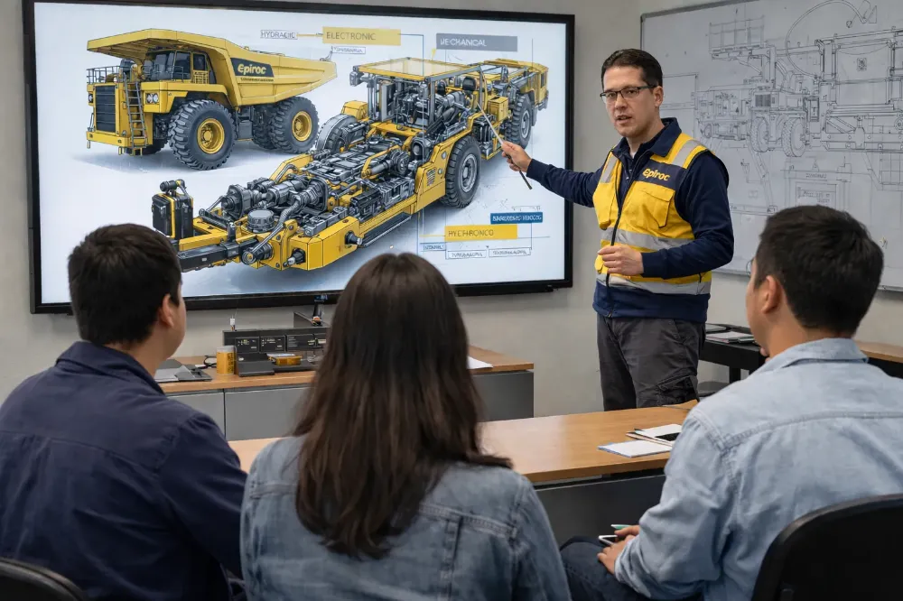 Contenido Original de ACERO Y ROCA Aula técnica con estudiantes analizando sistemas de maquinaria minera. Imagen ilustrativa de Acero y Roca.