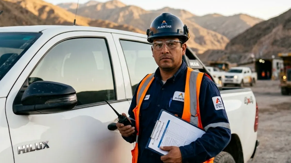 Conductor minero profesional operando vehículo con sistemas de seguridad en San Juan.