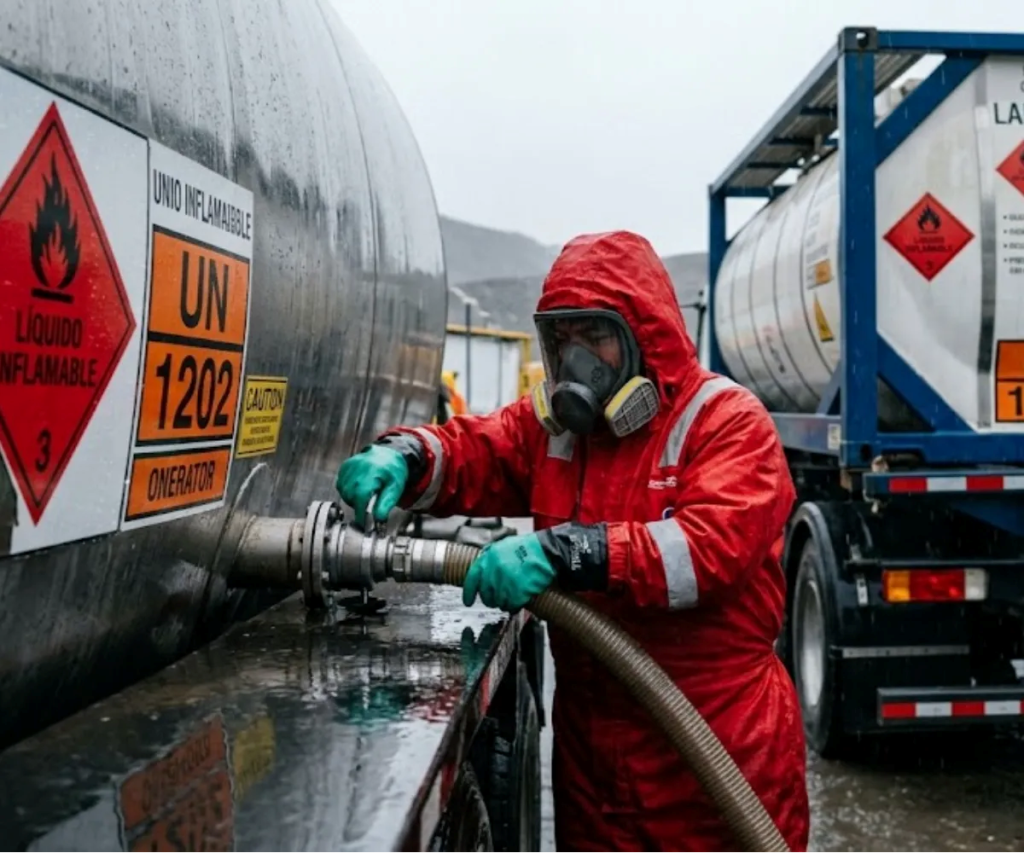 Contenido Original de ACERO Y ROCA - Prohibida su reproducción Logística minera alta montaña. Persona manipulando cargas peligrosas. Imagen ilustrativa de Acero y Roca.