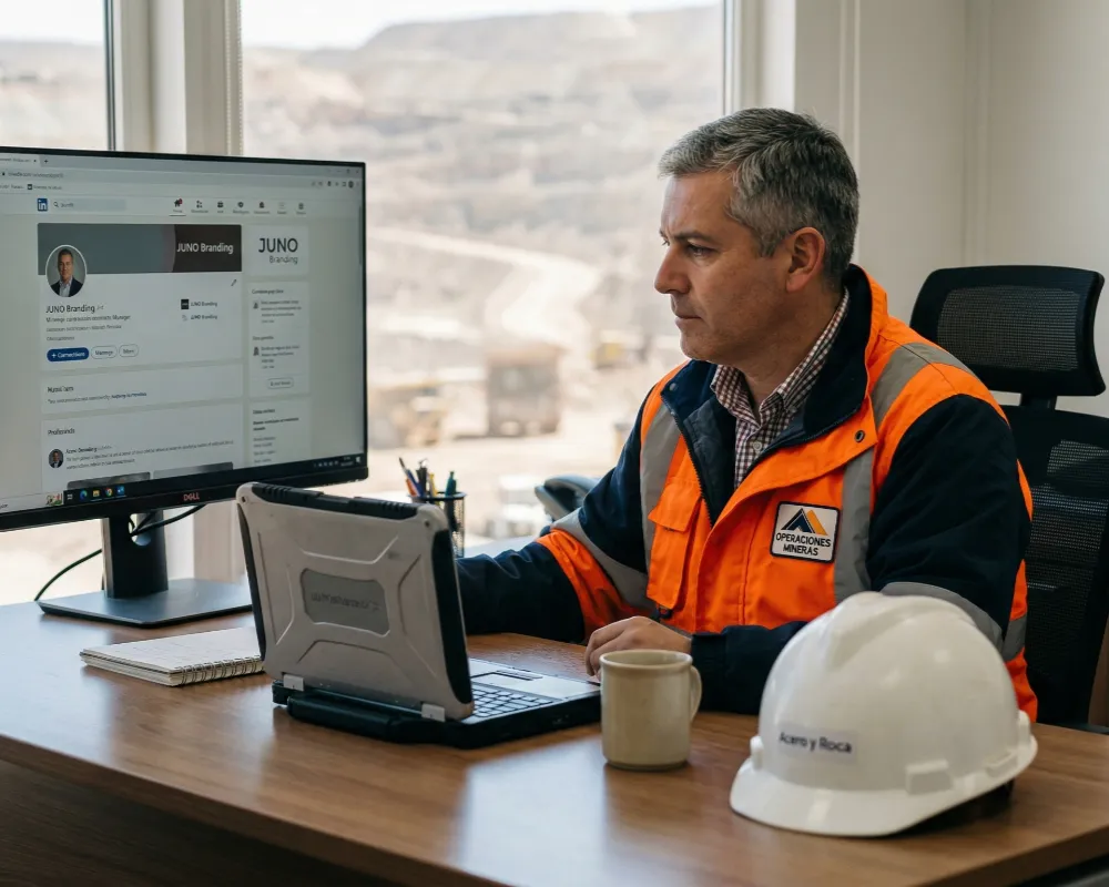 Gerente de contratos mineros analizando un perfil profesional de LinkedIn en un monitor de oficina con vista a una mina a cielo abierto en la cordillera. Contenido Original de ACERO Y ROCA - Prohibida su reproducción