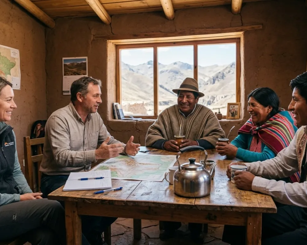 Contenido Original de ACERO Y ROCA - Prohibida su reproducción Reunión de consulta y diálogo entre empresa minera y comunidades locales en San Juan. Imagen ilustrativa de Acero y Roca