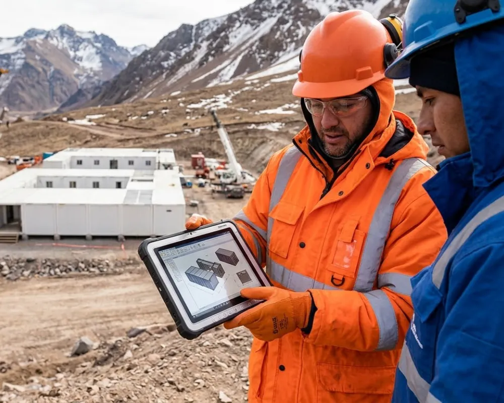 Contenido Original de ACERO Y ROCA - Prohibida su reproducción Un supervisor minero con casco naranja y una tableta robusta muestra diagramas técnicos a un técnico local en azul, en una obra de construcción de módulos a alta altitud en San Juan, con montañas nevadas al fondo. Imagen ilustrativa de Acero y Roca.