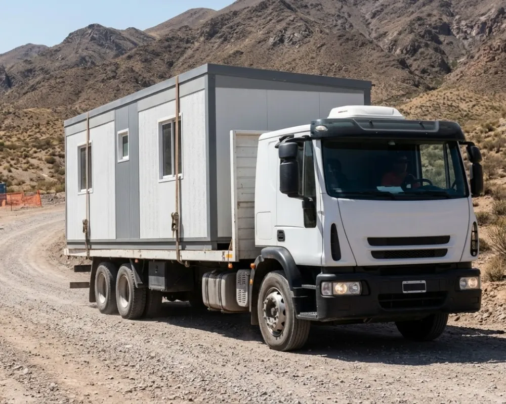 Contenido Original de ACERO Y ROCA - Prohibida su reproducción Camión de carga pesada transportando un módulo habitacional blanco por un camino de ripio en la precordillera árida de San Juan, con montañas de fondo y cielo claro. Imagen ilustrativa de Acero y Roca.