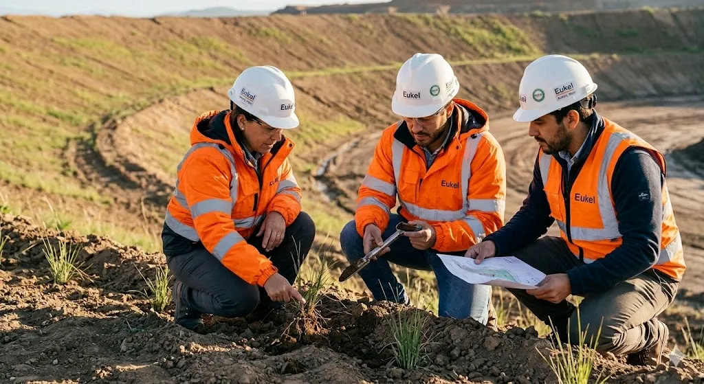 Contenido Original de ACERO Y ROCA - Prohibida su reproducción Equipo multidisciplinario supervisando un plan de cierre minero. Imagen ilustrativa de Acero y Roca.