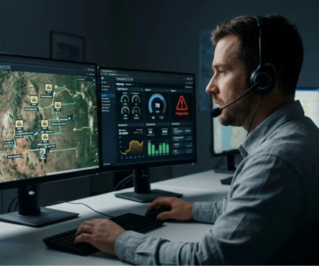 Los centros de control logístico utilizan telemetría y monitoreo en tiempo real para gestionar la seguridad de las flotas en tránsito. Imagen ilustrativa de Acero y Roca.