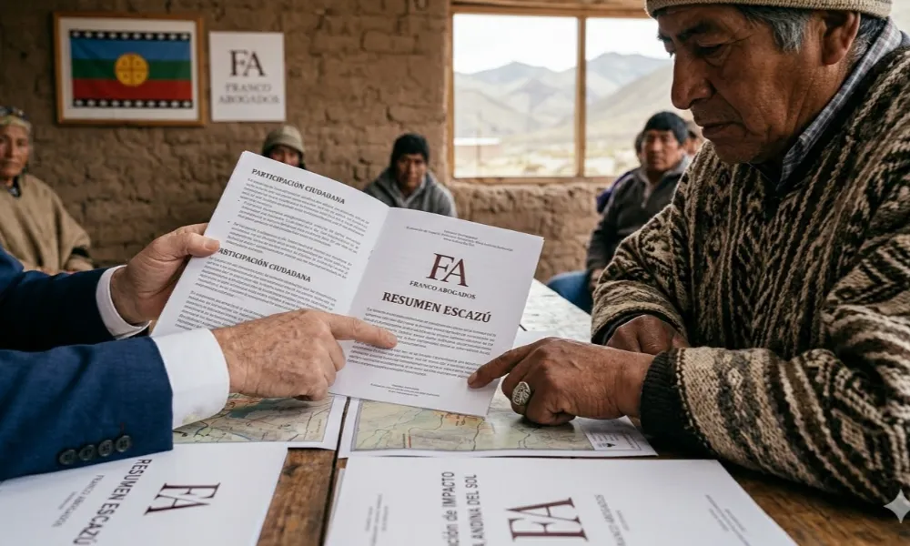 Contenido Original de ACERO Y ROCA - Prohibida su reproducción Primer plano de manos de un abogado y un líder comunitario local sobre un folleto del 'Resumen Escazú' en un entorno rural andino. Imagen ilustrativa de Acero y Roca.