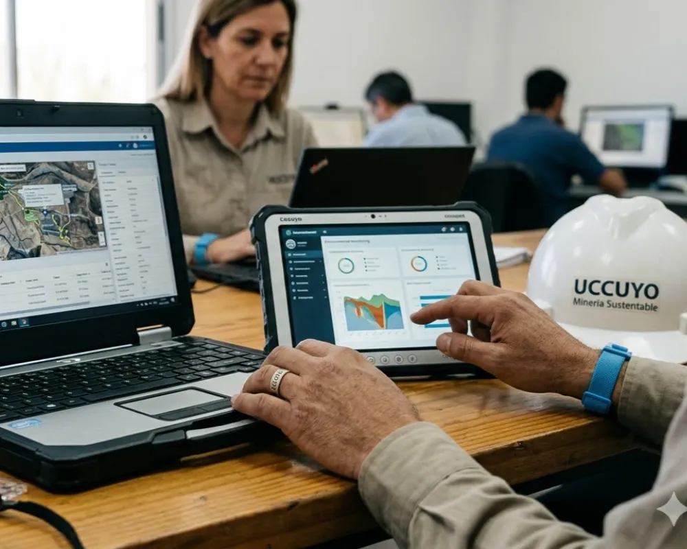 Contenido Original de ACERO Y ROCA - Prohibida su reproducción Primer plano de manos de egresada de la UCCuyo operando software de sustentabilidad y logística en una PyME proveedora de San Juan. Imagen ilustrativa de Acero y Roca.