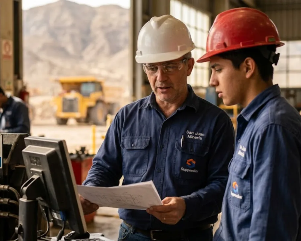 Contenido Original de ACERO Y ROCA - Prohibida su reproducción Estudiante en práctica profesionalizante interactuando con un mentor en un taller de mantenimiento industrial cerca de la montaña en San Juan. Imagen ilustrativa de Acero y Roca.