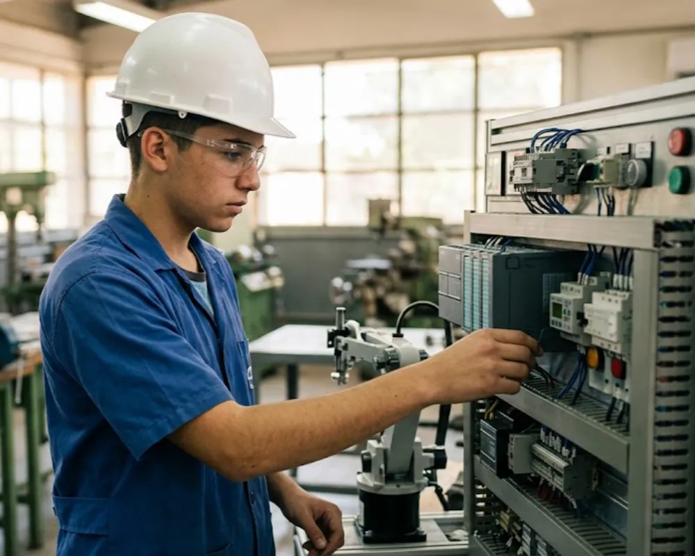 Contenido Original de ACERO Y ROCA - Prohibida su reproducción Terminalidad educativa San Juan. Estudiante de escuela técnica en San Juan operando un panel de automatización industrial. Imagen ilustrativa de Acero y Roca.