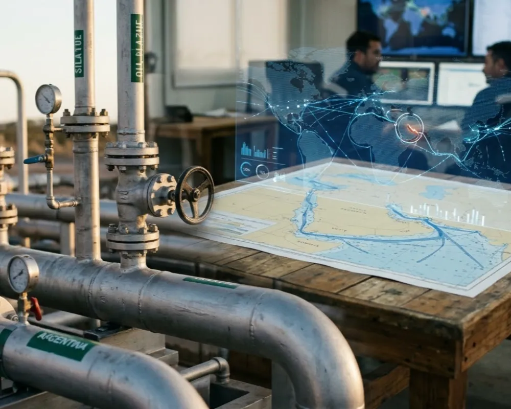 Contenido Original de ACERO Y ROCA - Prohibida su reproducción Imágenes sofisticadas de los oleoductos de Vaca Muerta. Imagen de Acero y Roca