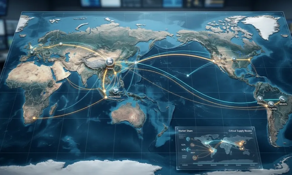 Contenido Original de ACERO Y ROCA - Prohibida su reproducción Mapa mundial hiperrealista centrado en el Pacífico. Líneas de datos dinámicas y nodos resaltan los flujos estratégicos de estaño desde China e Indonesia hacia Europa, Estados Unidos y otros centros de consumo tecnológico. El tono es técnico y geopolítico. Imagen ilustrativa Acero y Roca.