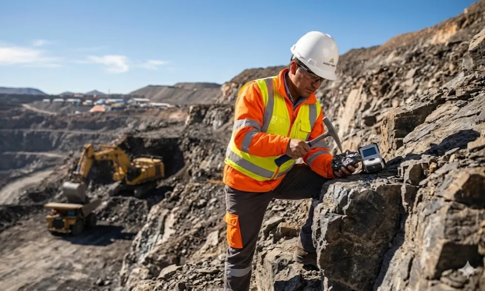 Contenido Original de ACERO Y ROCA - Prohibida su reproducción Mina de estaño a cielo abierto en los Andes peruanos. Un geólogo profesional con equipo de seguridad (casco con logo sutil "ACERO Y ROCA") y chaleco refractario examina una muestra de mineral de casiterita con un martillo geológico y un espectrómetro portátil. Maquinaria pesada se mueve en el fondo de las gradas de la mina bajo un cielo azul brillante. Imagen ilustrativa Acero y Roca.
