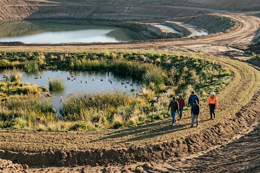 Contenido Original de ACERO Y ROCA - Prohibida su reproducción Paisaje minero en proceso de recuperación de funcionalidad ecológica post-operación. Imagen de Acero y Roca.