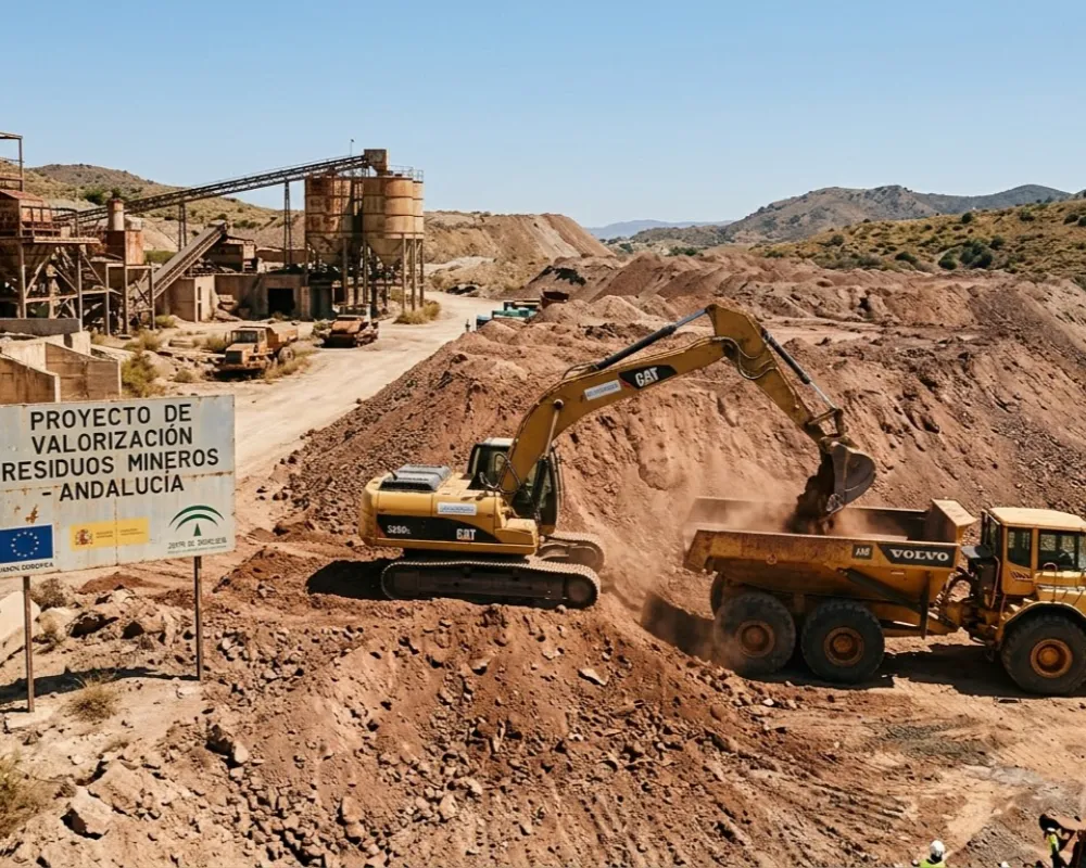 Imagen de Acero y Roca Maquinaria pesada trabajando en la economía circular y recuperación de escombreras en la exploración minera en España. Imagen ilustrativa Acero y Roca