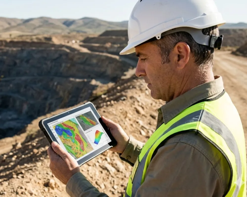 Contenido Original de ACERO Y ROCA - Prohibida su reproducción Hombre con una tablet en un proyecto minero que mira sondajes. Imagen ilustrativa Acero y Roca