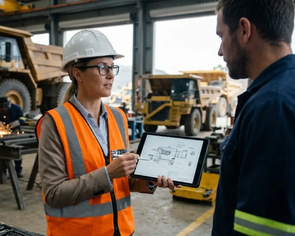 Contenido Original de ACERO Y ROCA - Prohibida su reproducción Fotorrealismo de una ingeniera minera de Cuyo que usa anteojos y casco, sosteniendo una tablet para mostrar un diagnóstico exportador a un técnico industrial, con maquinaria minera de fondo. Imagen ilustrativa de Acero y Roca.