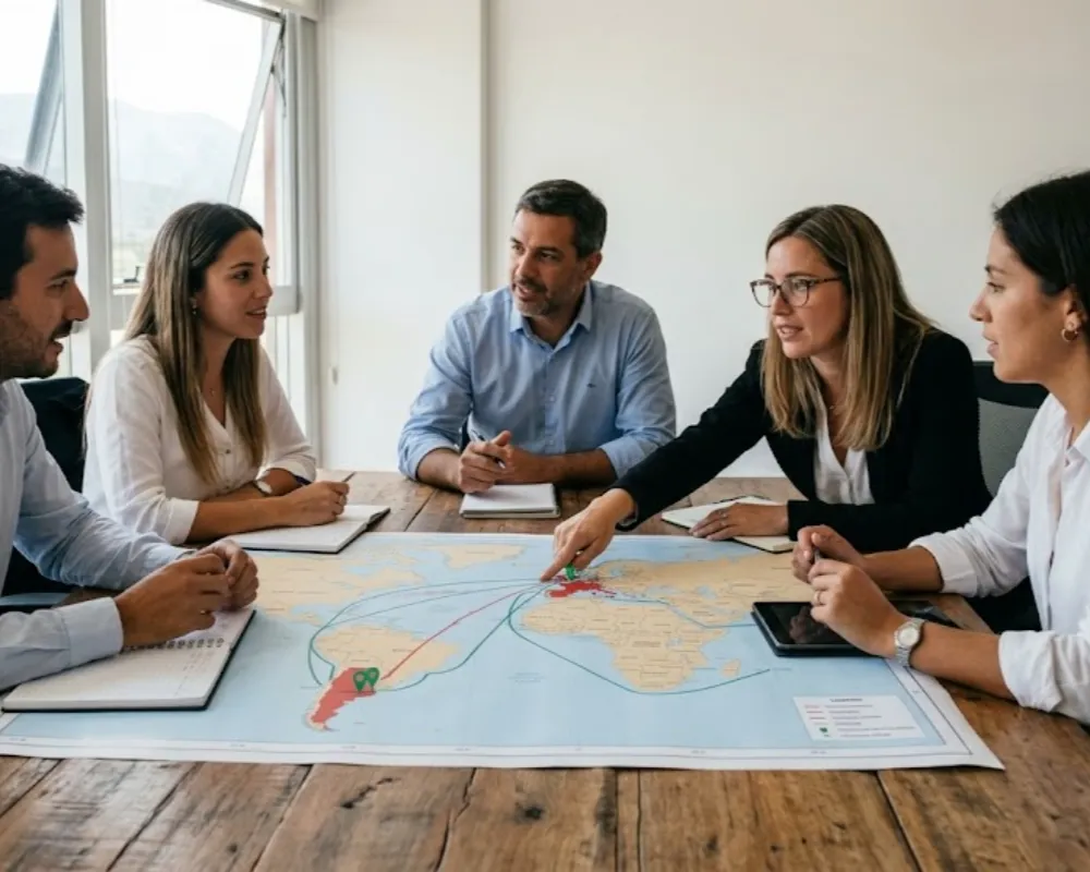 Contenido Original de ACERO Y ROCA - Prohibida su reproducción Reunión fotorrealista de cinco empresarios industriales en San Juan, Cuyo, analizando un mapa de rutas de exportación para proveedores mineros regionales. Imagen ilustrativa de Acero y Roca.