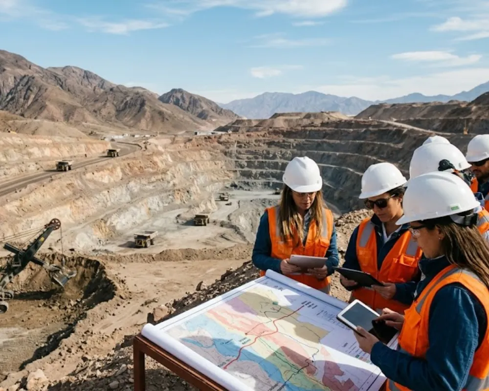 Contenido Original de ACERO Y ROCA - Prohibida su reproducción Fotorrealismo de una mina a cielo abierto en Cuyo, Argentina, con montañas áridas, donde un equipo de consultores mineros profesionales observa las operaciones con mapas para analizar oportunidades globales. Imagen ilustrativa de Acero y Roca.