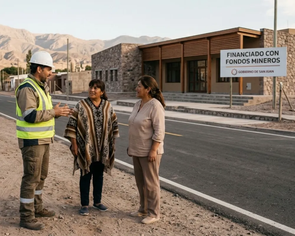 Contenido Original de ACERO Y ROCA - Prohibida su reproducción Un ingeniero conversando con líderes comunitarios sobre el impacto de la inversión pública en infraestructura local en Argentina. Imagen ilustrativa de Acero y Roca.