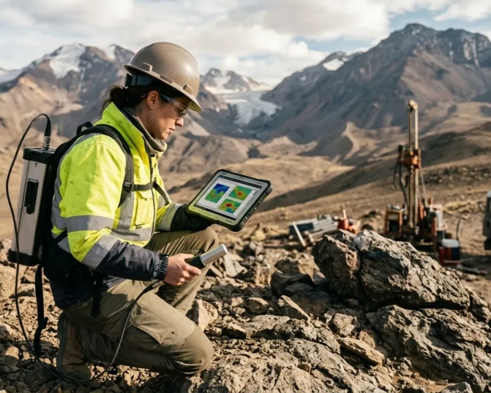 Contenido Original de ACERO Y ROCA - Prohibida su reproducción Especialistas utilizando equipos de geofísica aplicada a la minería para el mapeo de recursos hídricos. Imagen ilustrativa de Acero y Roca.