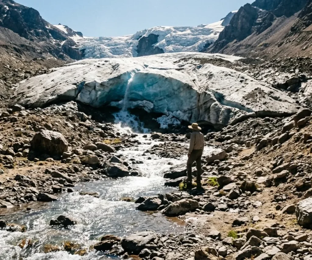 Contenido Original de ACERO Y ROCA - Prohibida su reproducción El retroceso de los frentes glaciares en los Andes centrales impacta directamente en la regulación hídrica de las cuencas áridas. Imagen ilustrativa de Acero y Roca