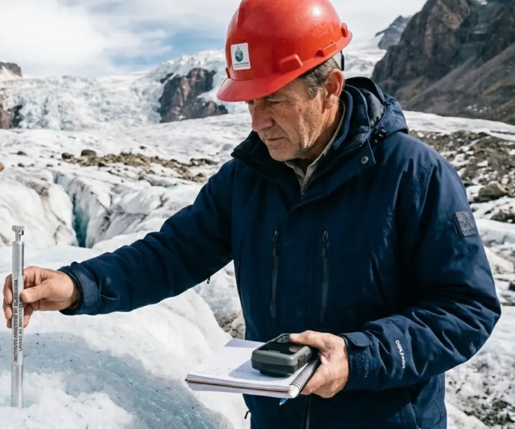 Geólogo tomando muestras de glaciares. Contenido Original de ACERO Y ROCA - Prohibida su reproducción