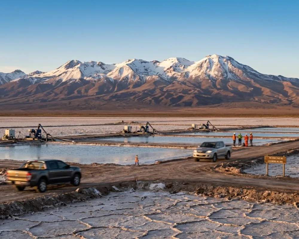 Contenido Original de ACERO Y ROCA - Prohibida su reproducción Una toma de gran angular de una operación de litio en la Puna argentina, con montañas de los Andes y un camión minero, ejemplificando el desarrollo minero en Argentina. Imagen ilustrativa de Acero y Roca.