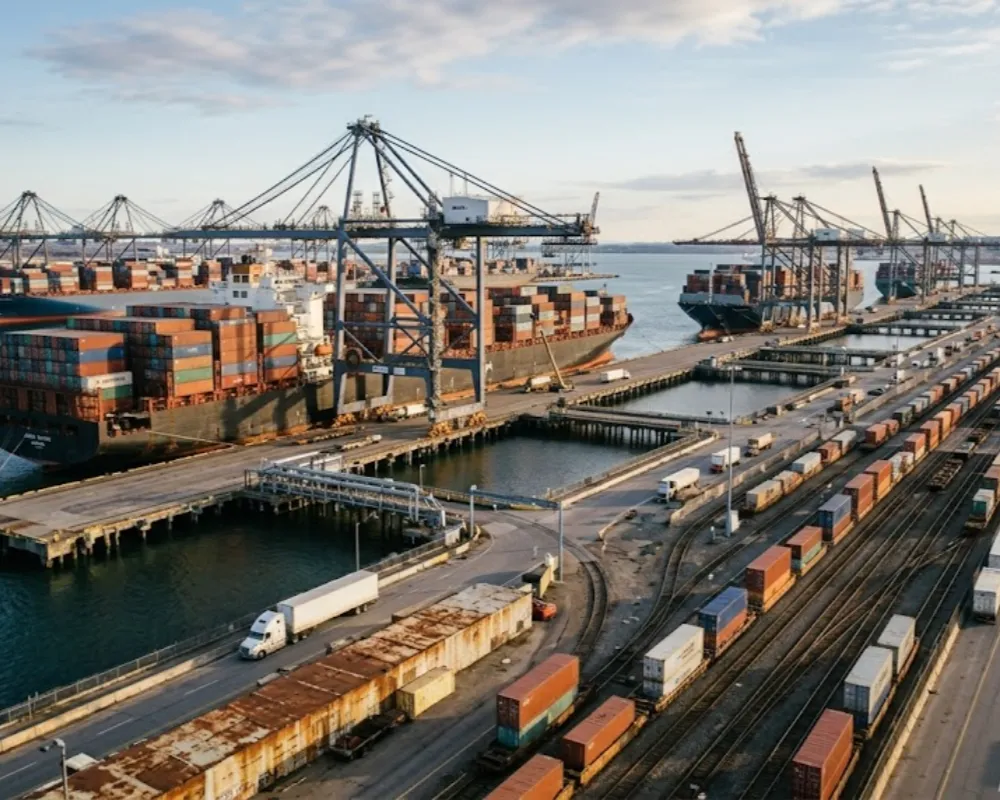 Contenido Original de ACERO Y ROCA - Prohibida su reproducción Puerto de carga internacional con buques transportando contenedores de minerales procesados. Imagen ilustrativa de Acero y Roca.