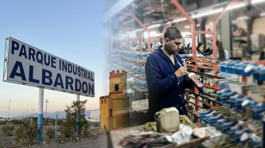 El parque industrial de Albardon de un lado de la imagen y un trabajador industrial del otro