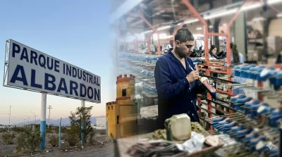 El parque industrial de Albardon de un lado de la imagen y un trabajador industrial del otro