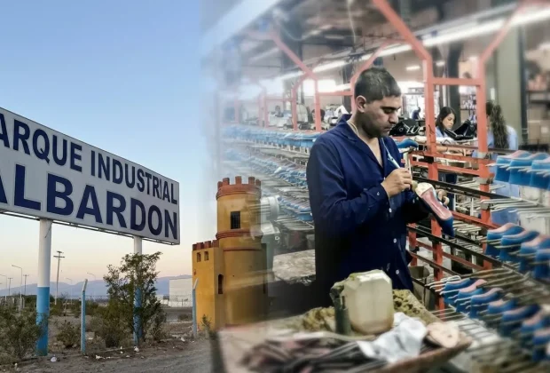 El parque industrial de Albardon de un lado de la imagen y un trabajador industrial del otro