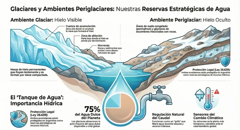 Contenido Original de ACERO Y ROCA - Prohibida su reproducción Infografía educativa sobre glaciares y ambiente periglacial importancia hídrica y protección legal ley 26.639. Contenido Original de ACERO Y ROCA - Prohibida su reproducción