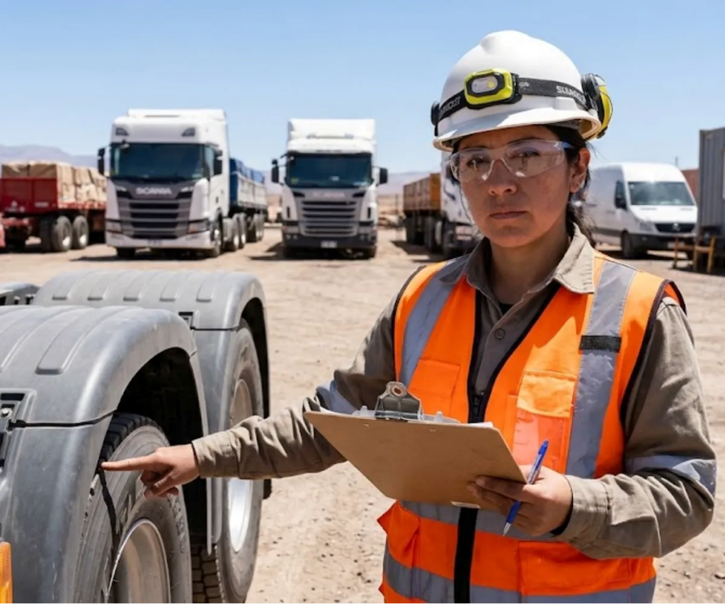 Contenido Original de ACERO Y ROCA - Prohibida su reproducción Logística minera alta montaña. Mujer inspectora chequeando el estado de las ruedas de un camión. Imagen ilustrativa de Acero y Roca.