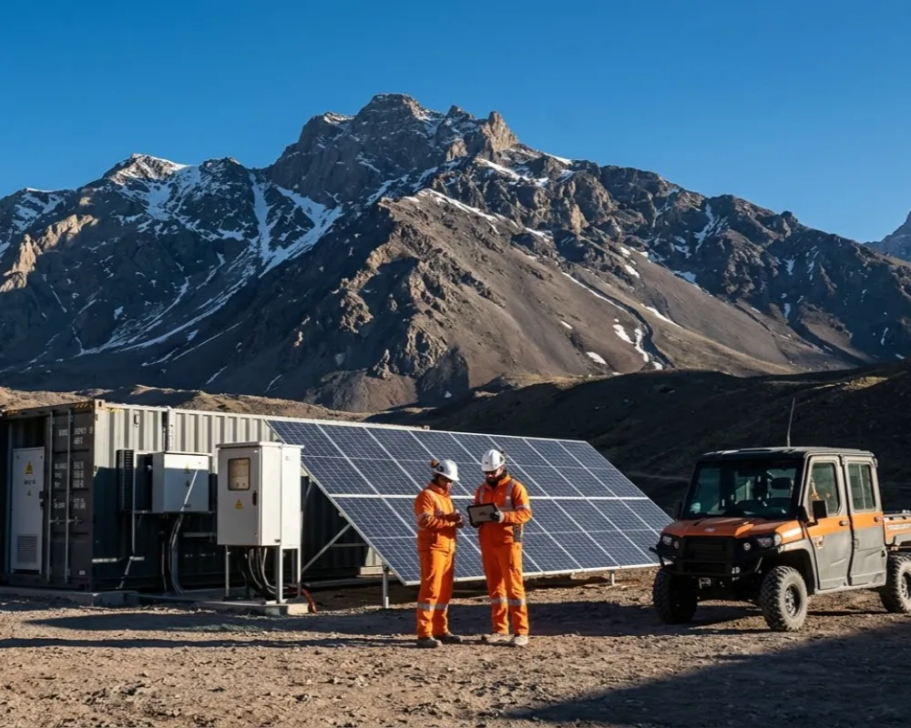 Contenido Original de ACERO Y ROCA - Prohibida su reproducción Instalación piloto de energía híbrida solar y baterías BESS en la alta cordillera de los Andes, San Juan, con personal técnico inspeccionando equipos. Imagen de Acero y Roca
