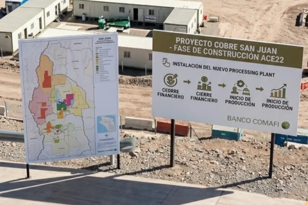 Vista panorámica de un megaproyecto de cobre en San Juan, mostrando excavadoras y grúas en la fase de construcción de la planta de procesamiento. Imagen ilustrativa de Acero y Roca.