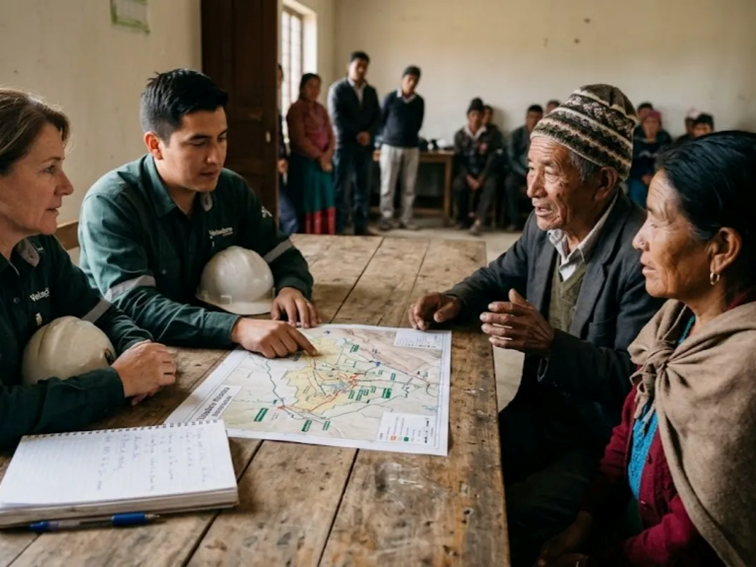 Contenido Original de ACERO Y ROCA - Prohibida su reproducción Trabajadores de operadoras mineras hablando con las comunidades. Imagen ilustrativa de Acero y Roca