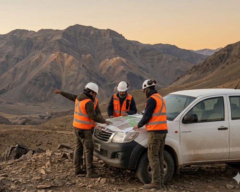 Imagen de Acero y Roca Geólogos evaluando áreas exploratorias en la cordillera de los Andes. Imagen ilustrativa de Acero y Roca.
