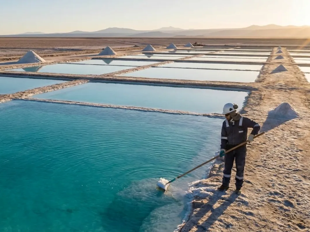 Vista aérea de piletones de evaporación de litio en el norte argentino.