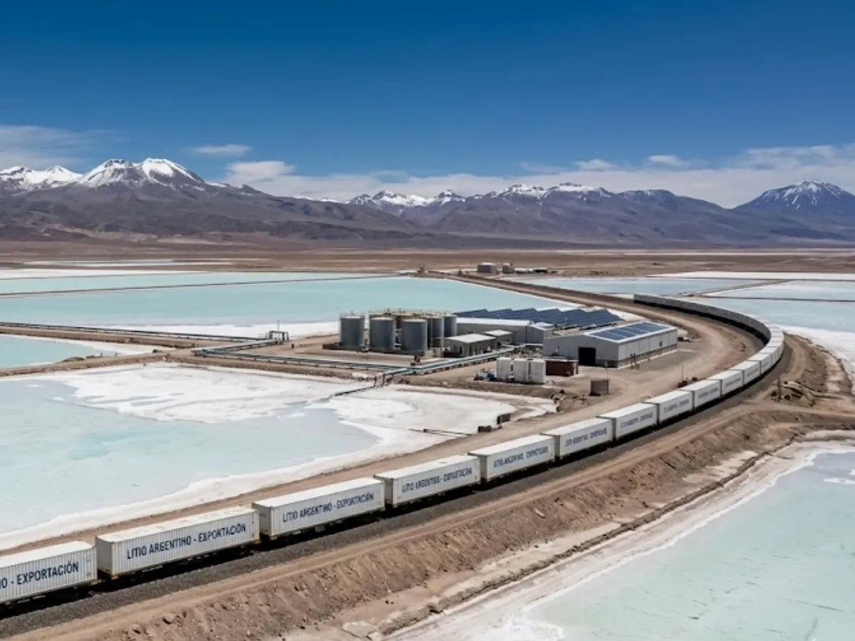 Contenido Original de ACERO Y ROCA - Prohibida su reproducción Salar de litio y un paso de tren lateral. Imagen de Acero y Roca