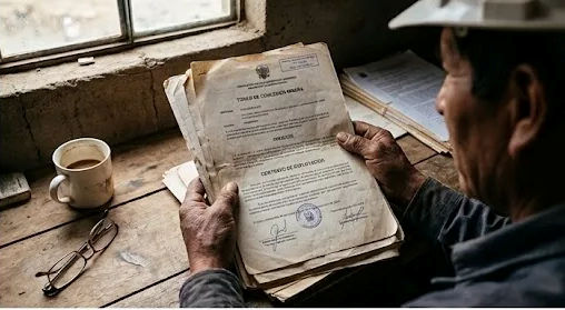 Contenido Original de ACERO Y ROCA - Prohibida su reproducción Manos de un minero sosteniendo documentos de concesión minera y contrato de explotación