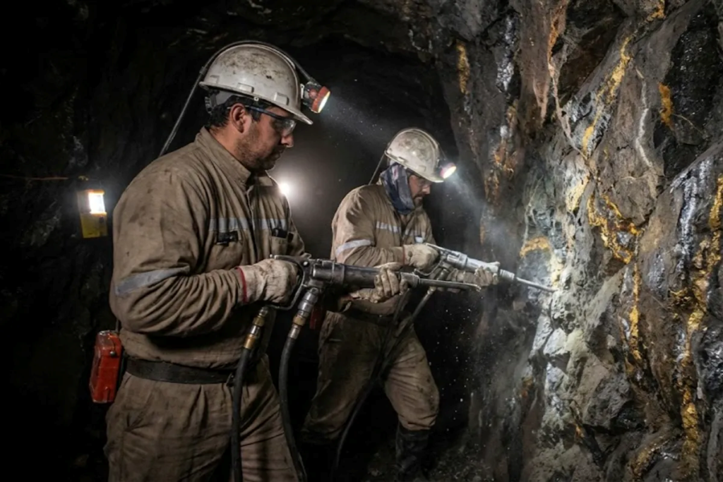 Mineros buscando minerales en una mina subterránea