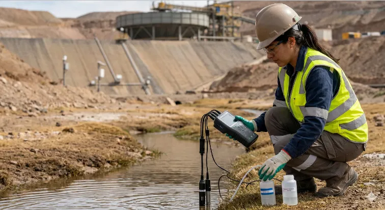 Imagen de Acero y Roca Un especialista ambiental realiza tomas de muestra de agua en las cercanías de una instalación de relaves mineros. Imagen ilustrativa de Acero y Roca
