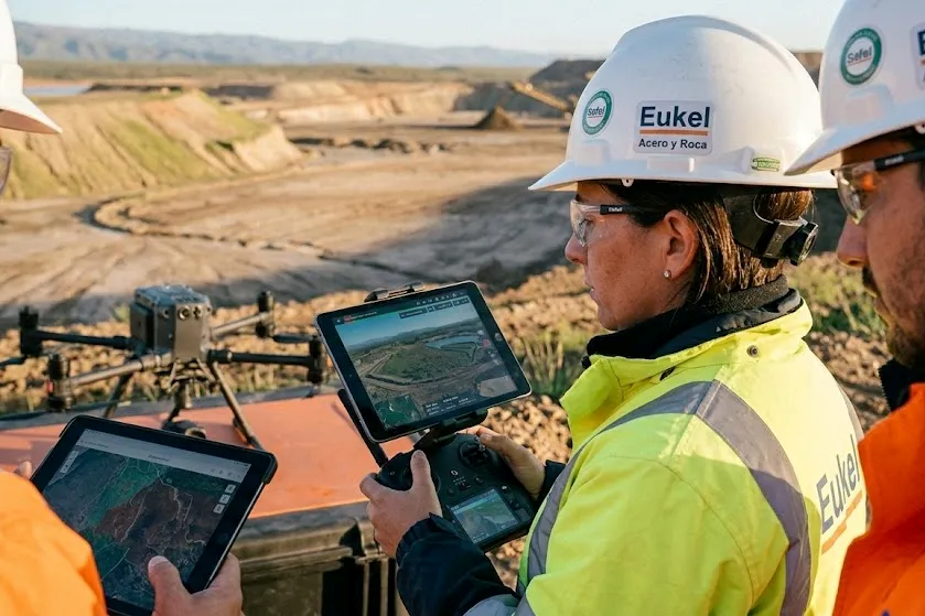 Contenido Original de ACERO Y ROCA - Prohibida su reproducción Drone sobrevolando sitio minero para monitoreo técnico de estabilidad y medio ambiente. Imagen ilustrativa de Acero y Roca.
