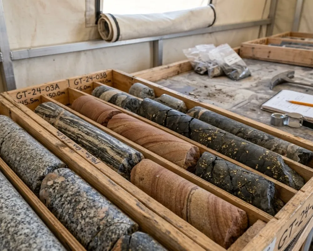 Contenido Original de ACERO Y ROCA - Prohibida su reproducción Muestras de roca y testigos de perforación para calcular reservas geológicas en proyectos mineros en Argentina. Imagen ilustrativa de Acero y Roca.