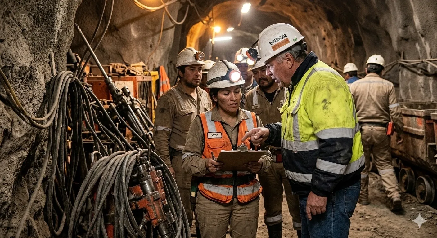 Mujeres en minería durante una jornada laboral en una operación metalífera de San Juan, ilustrando el análisis sobre salud laboral y participación femenina.