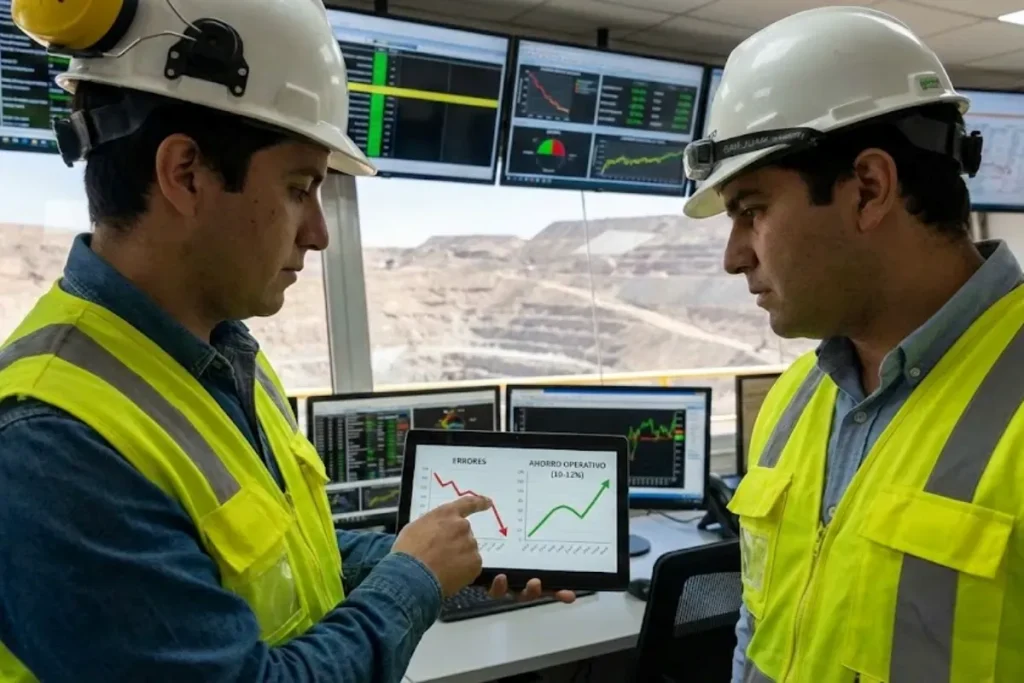 operarios monitorendo una operacion minera con IA. imagen de acero y roca.