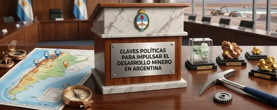 Contenido Original de ACERO Y ROCA - Prohibida su reproducción Composición simbólica que representa las claves políticas para el desarrollo minero en Argentina, mostrando un atril institucional, un mapa geológico del NOA, herramientas y minerales estratégicos como litio y cobre sobre un escritorio. Imagen ilustrativa de Acero y Roca.