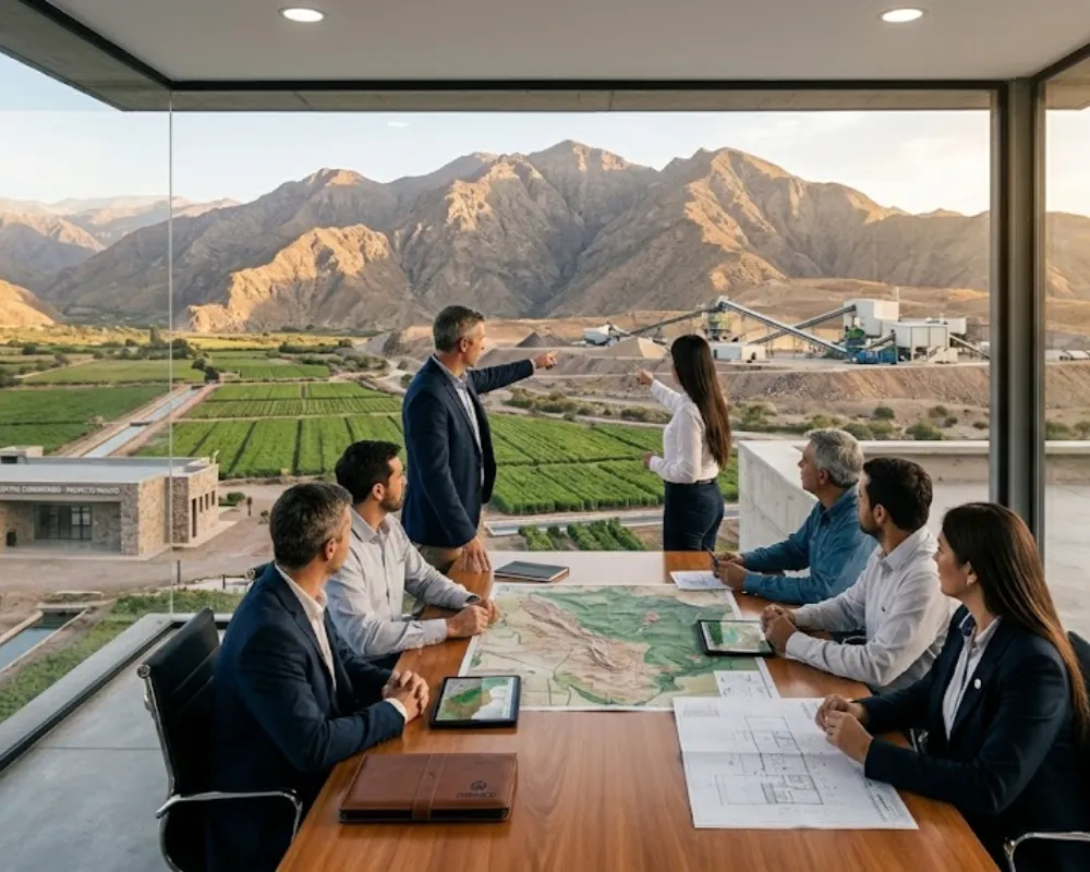 Contenido Original de ACERO Y ROCA - Prohibida su reproducción Pabellón de cristal en San Juan, con una vista de una operación minera en Argentina, al atardecer. Imagen ilustrativa de Acero y Roca.