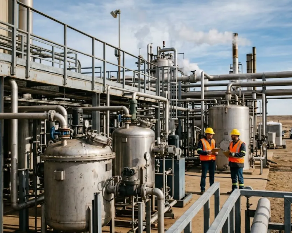 Contenido Original de ACERO Y ROCA - Prohibida su reproducción Planta industrial de procesamiento y refinado de minerales críticos en funcionamiento con ingenieros. Imagen ilustrativa de Acero y Roca.