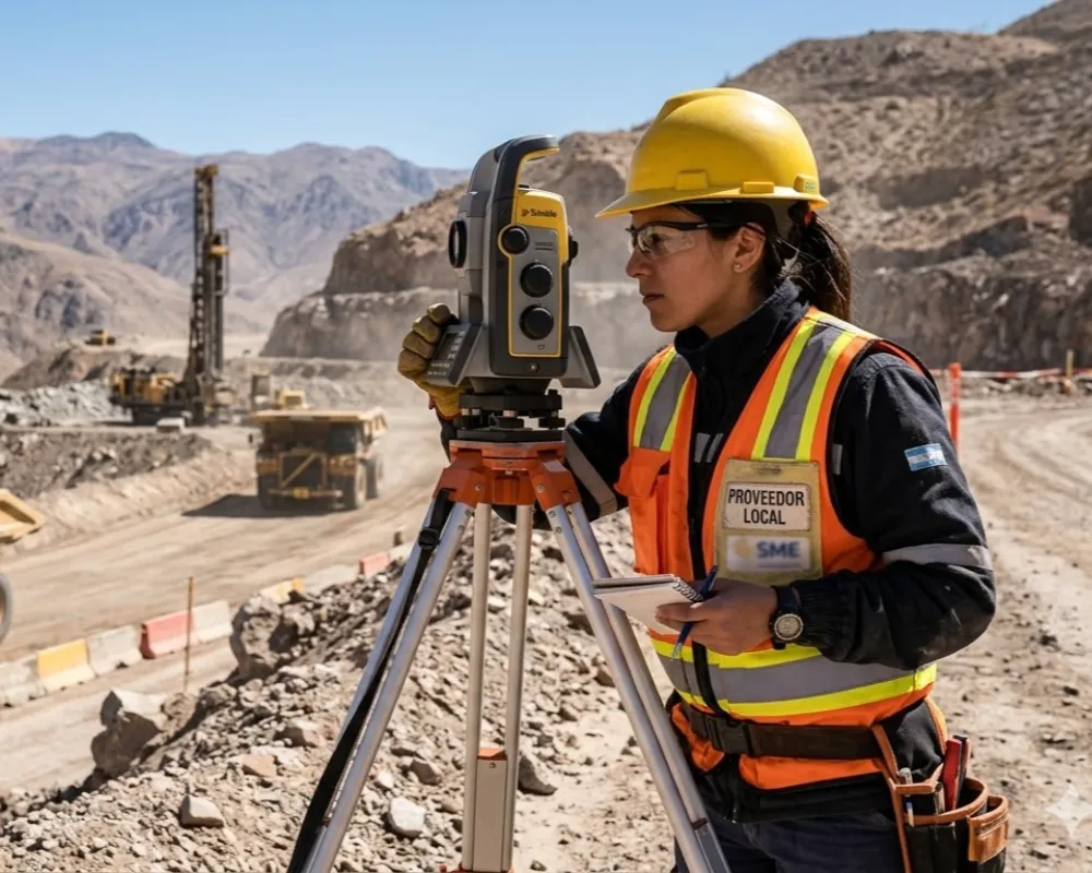 Contenido Original de ACERO Y ROCA - Prohibida su reproducción Ingeniera de una pyme local utilizando equipos avanzados de topografía para cumplir con los estándares de precisión requeridos por grandes proyectos mineros. Imagen ilustrativa de Acero y Roca.